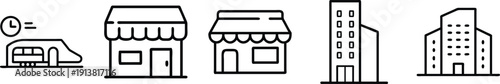 Minimalist line icons for shops, high-rise buildings, and a train station, ideal for urban and commercial themes. on a transparent background