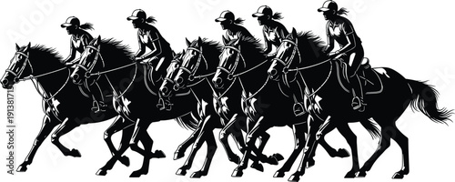 Horseback riding motion silhouette illustration set, five black icons rider horse stride sequence dynamic design, vector artwork, sport and lifestyle theme, isolated background