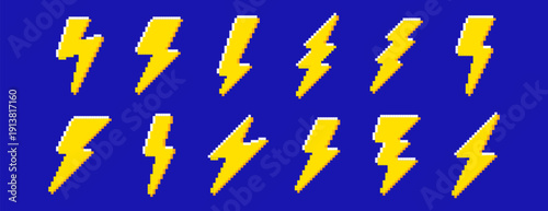 Pixel art lightning bolt icon set in retro 8bit style. Yellow electric thunder symbols for video games, ui, hud, buttons or arcade design. Energy, voltage or power pixeled elements on blue background