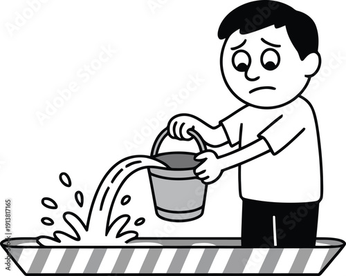 A sad young man pours water from a small grey bucket into a striped basin