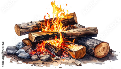 Burning firewood in a fireplace isolated on transparent background PNG, warm glowing flames with stacked logs, cozy indoor ambiance for home, design, or seasonal projects.