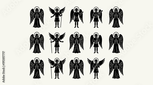 Angel Silhouette Vector Set – Sixteen Black Halo and Wing Designs Featuring Trumpets and Varied Poses for Religious, Festive, and Decorative Creative Projects