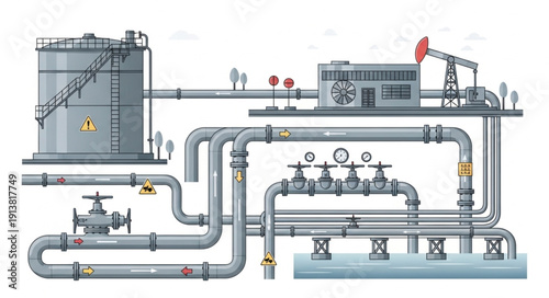 Industrial oil refinery complex with pipelines and pumping station.