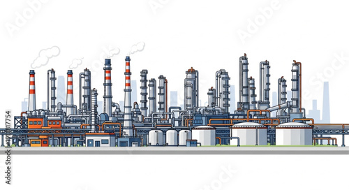 Industrial Oil Refinery Complex with Smokestacks and Storage Tanks.