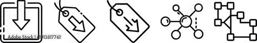 Download icons with tags, network connections, and data structure. Minimalist vector set for tech and business. on a transparent background