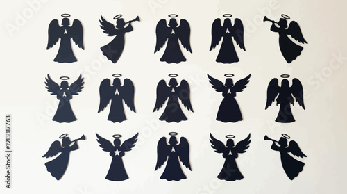 Angel Silhouette Vector Set – Sixteen Black Halo and Wing Designs Featuring Trumpets and Varied Poses for Religious, Festive, and Decorative Creative Projects
