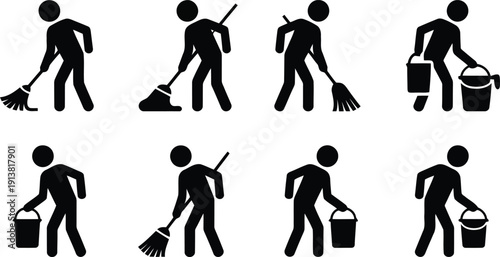 A series of black and white silhouette icons depicting people undertaking diverse cleaning responsibilities