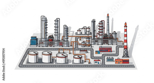 Industrial Oil Refinery Plant Illustration with Tanks and Towers.