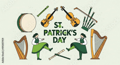 St patrick's day illustration with musicians playing irish instruments