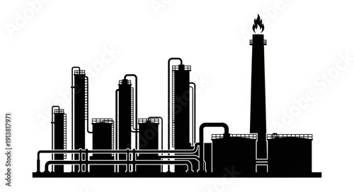 Industrial Oil Refinery Plant Silhouette with Flare Stack.