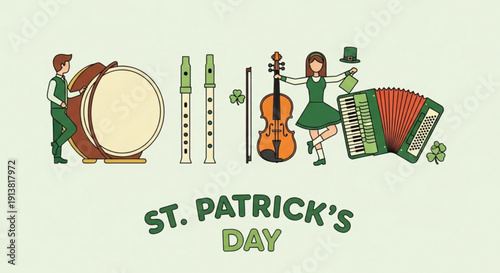 St patrick's day celebration with traditional irish instruments and musician illustrations