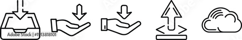 Download and upload icons with hand and cloud. Vector set for data management, file transfer, and cloud computing. on a transparent background