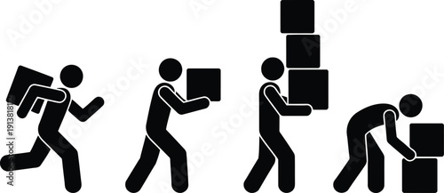 A series of stick figures with white outlines carrying and stacking various boxes