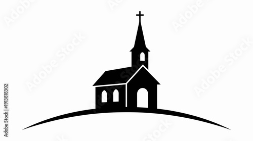 Church Silhouette Vector – Black and White Hilltop Building with Steeple and Cross for Religious, Community, and Architectural Design Projects