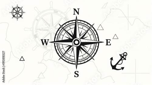 Detailed illustration of a compass rose on a navigation map with an anchor symbol