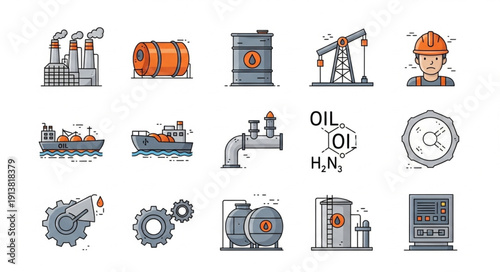 Industrial Oil and Gas Industry Icons Set.