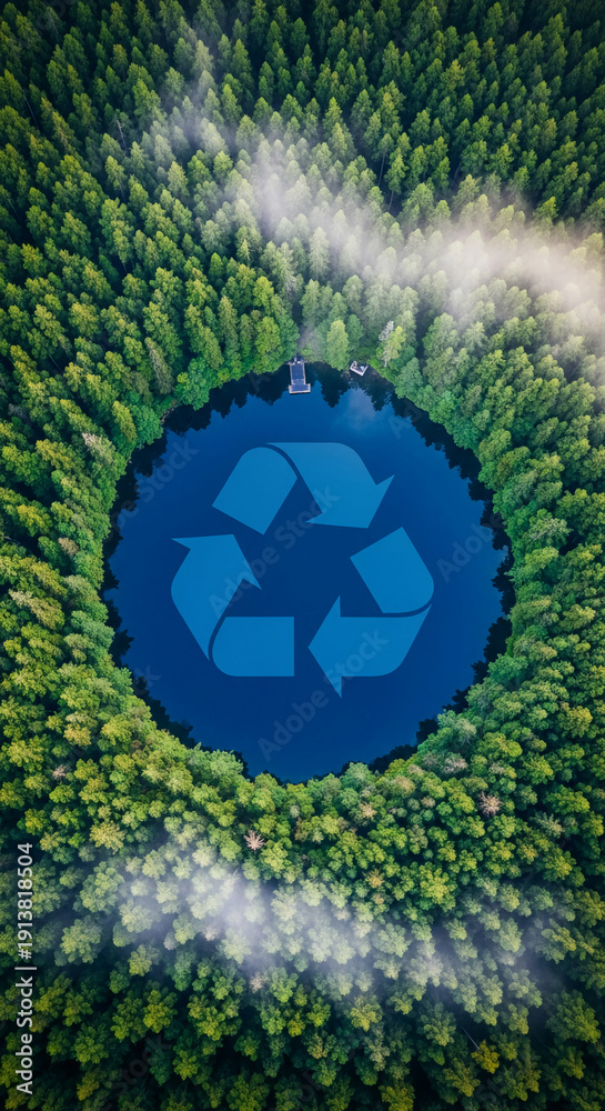 Fototapeta premium Aerial view of green forest around a blue lake with recycling symbol. Represents environment, ecology, and sustainability concepts for environmental cause