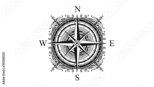 Vintage Navigation Compass Illustration on White Background from Direct Viewpoint