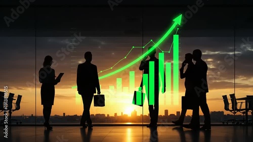Professionals analyzing business growth graph at sunrise in a modern office with cityscape view