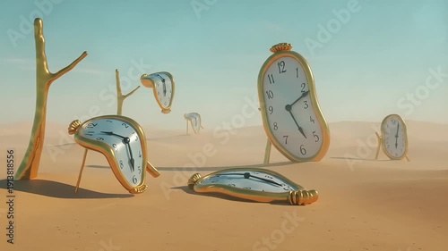 Surreal landscape with melting clocks and distorted timepieces in a desert environment viewed from a distance