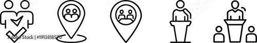 Modern business icons: successful recruitment, location scouting, presentation, and public speaking for corporate use. on a transparent background