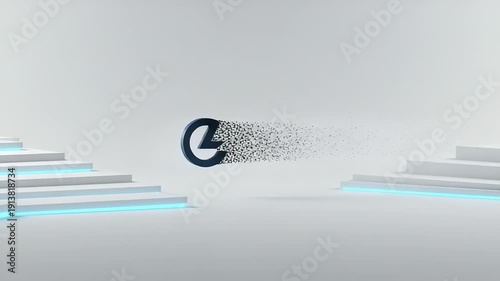 A sleek silver object disintegrates into particles between futuristic staircases with glowing blue edges, captured from a straight-on viewpoint