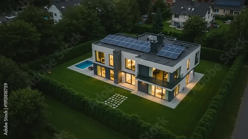 Modern house with solar panels on the roof, illuminated from within, surrounded by lush greenery and a swimming pool, captured from an aerial viewpoint at dusk