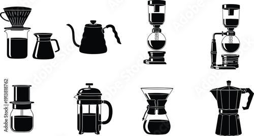 Black silhouette collection of coffee brewing equipment on white background coffee maker