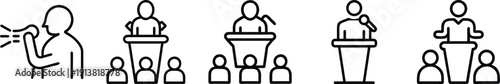 Public speaking icons: megaphone for announcement, speaker at podium, and audience engagement symbols for communication and presentation. on a transparent background