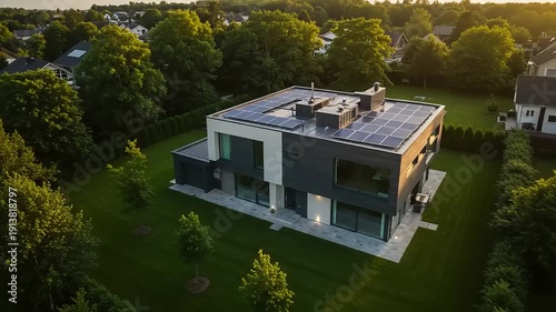 Modern house with solar panels on the roof seen from above in a lush green landscape surrounded by trees during sunrise