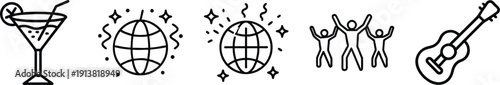 Party and celebration icons: cocktail, disco ball, dancing figures, and guitar for music events, nightlife, and festive occasions. on a transparent background