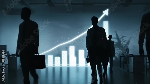 Business professionals walking towards a glowing graph with an upward trend in a modern office environment from a rear viewpoint