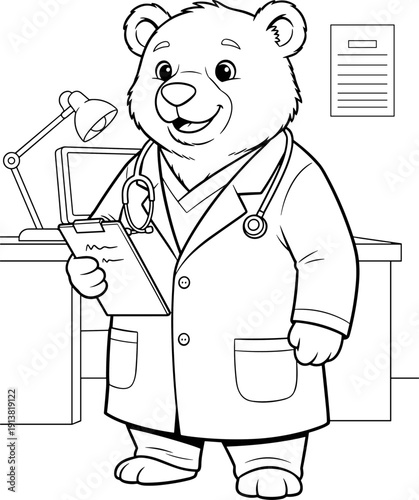 Vector line art illustration of a friendly cartoon bear doctor holding a clipboard, wearing a lab coat and stethoscope, standing in a medical office with a desk and lamp.