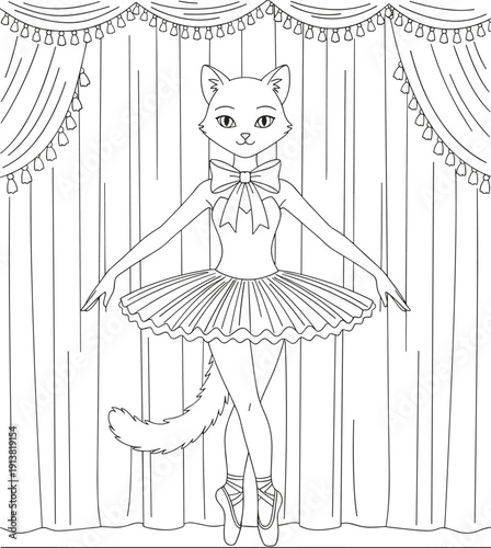 Elegant vector line art illustration of a graceful cat ballerina in a classic tutu and pointe shoes, performing on a stage with draped curtains, isolated on a white background.