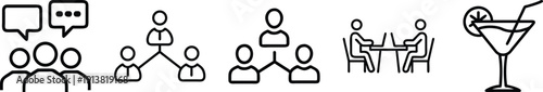 Business and social icons: group chat, organizational hierarchy, and business meeting for communication, teamwork, and networking. on a transparent background