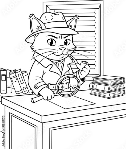 Vector line art illustration of a cartoon detective cat wearing a fedora and trench coat, smoking a pipe, and examining clues with a magnifying glass at a wooden desk