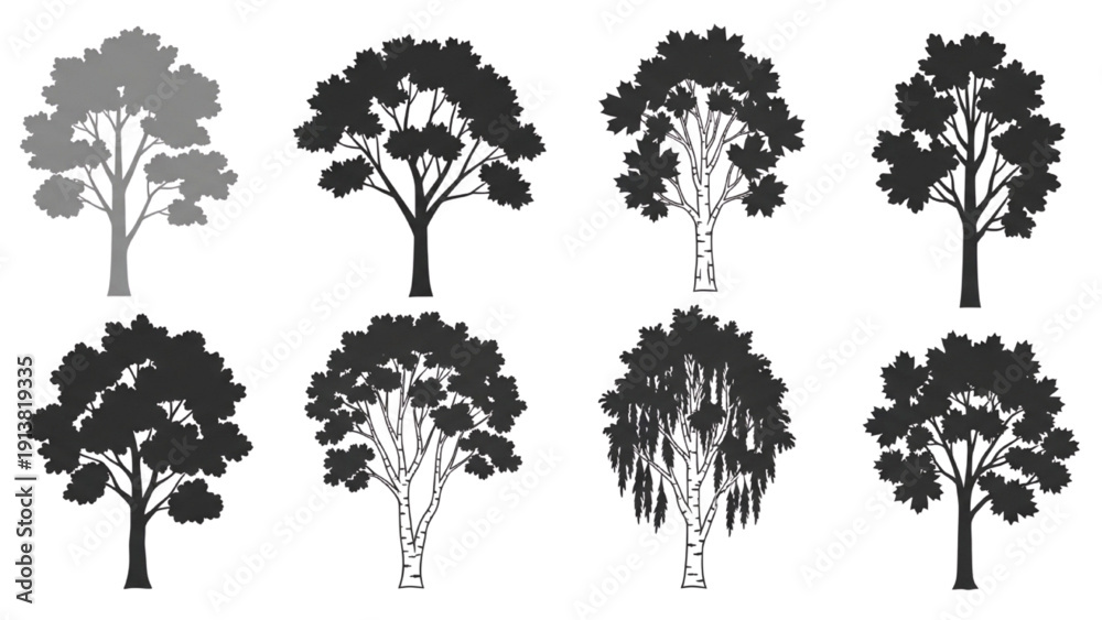 Fototapeta premium Collection of various tree silhouettes in different styles and views