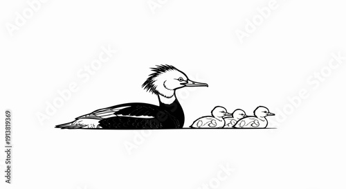 Stylized illustration of a crested adult bird with three chicks in a line