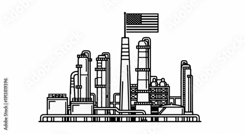 Stylized illustration of a factory complex with an American flag flying atop