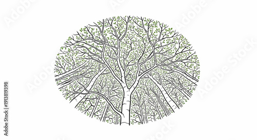Stylized illustration of a dense forest canopy with green leaves on branches