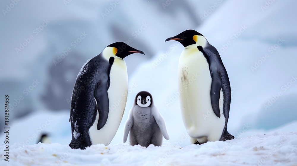 Fototapeta premium Penguin Family. A view of a cute Emperor Penguin couple with a small offspring, on snowy Antarctic landscape.