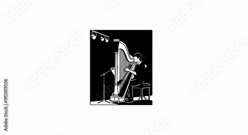 Stylized illustration of a person playing a harp under spotlights