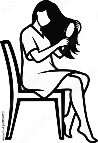 Stylized illustration of a person sitting on a chair, combing long hair