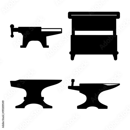 Silhouettes of essential metalworking tools including vises, anvils, and a workbench for craftsmanship