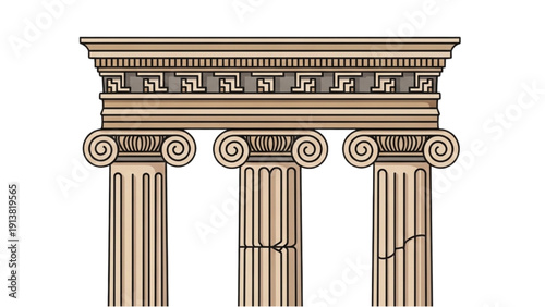 Ancient Greek Temple Entrance with Three Columns and Ornate Details Illustration