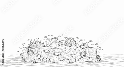 Stylized illustration of a vibrant coral reef with schools of small fish swimming