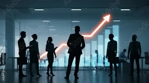 Professionals in a modern office setting with a glowing upward trend graph indicating business growth and success