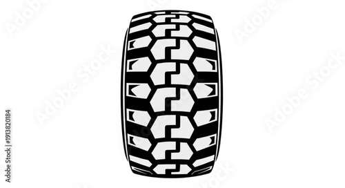 Black and white tire with unique tread pattern on white background.