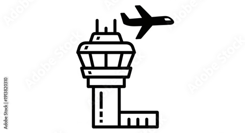 Simple line illustration of an airport control tower with an airplane.