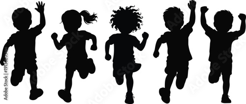 Energetic diverse group of young children playing together, running and jumping with happy expressions